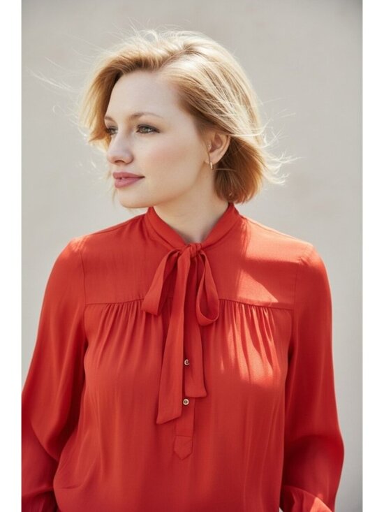 Lucky Brand Tops - Lucky Brand NWT Red Tie Neck Viscose Blouse Women's XS Long Sleeve Boho Office